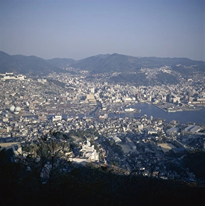 Kyushu Prints: Aerial view over Nagasaki harbour