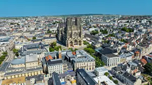 Streets Prints: Aerial view of Notre Dame cathedral in Reims showcasing historic architecture and surrounding cityscape in France