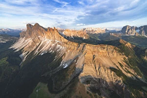 Dolomites Gallery: Aerial view of Odle group, Seceda, Sella and Sassolungo at sunset, Dolomites, South Tyrol, Italy
