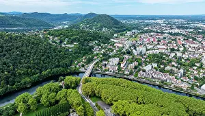 Roads Prints: Aerial view of the old city of Besancon with river and green hills in the distance in France
