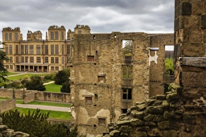 Aerial view from the Old Hall of its replacement, Hardwick Hall, near Chesterfield, Derbyshire, England, United Kingdom, Europe