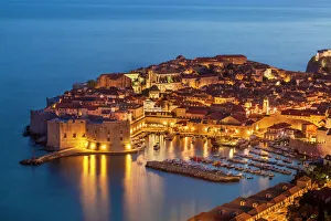 Dubrovnik Gallery: Aerial view of Old Port and Dubrovnik Old Town at night, UNESCO World Heritage Site
