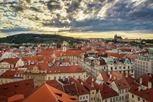 Red Roof Prints: Aerial view of Old Town with distant view of Prague Castle as seen from Powder Tower
