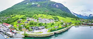 Fjord Prints: Aerial view of Olden village and mountains in Nordfjorden during summer