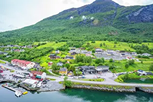 Fjord Prints: Aerial view of Olden village and mountains in Nordfjorden during summer