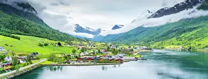 Fjord Prints: Aerial view of Olden village and mountains in Nordfjorden during summer