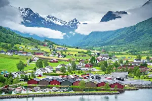 Olden Prints: Aerial view of Olden village and mountains in Nordfjorden during summer