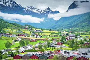 Fjord Prints: Aerial view of Olden village and mountains in Nordfjorden during summer