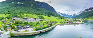 Fjord Prints: Aerial view of Olden village and mountains in Nordfjorden during summer