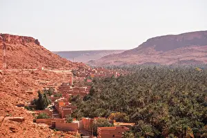Oasis Prints: Aerial view of palm-filled oasis and red clay village nestled between rugged desert cliffs in the Ziz Valley