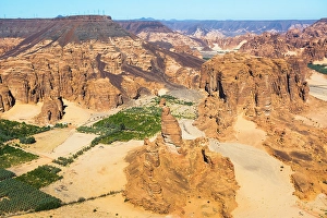 Oasis Prints: Aerial view of Palm grove and farms in AlUla's Ashar Valley