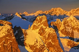Masino Valley Prints: Aerial view of peaks Torrone and Bernina Group at sunset, Masino Valley, Valtellina