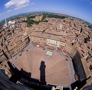 Fish Eye Lens Prints: Aerial view of the Piazza del Campo and the town of Siena