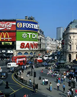 Aerial view over Piccadilly Circus, including the statue of Eros, the Greek God of Love