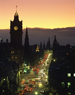 Princes Street Prints: Aerial view over Princes Street at dusk