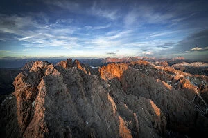 Dolomites Gallery: Aerial view of Puez Odle, Furchetta and Sass Rigais at sunset, Dolomites, South Tyrol, Italy, Europe