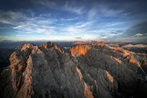 South Tyrol Prints: Aerial view of Puez Odle, Furchetta and Sass Rigais at sunset
