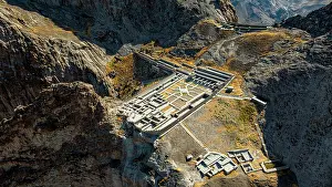 Hilly Prints: Aerial view reveals Alinja castle surrounded by mountains in Nakhchivan Azerbaijan during daylight hours