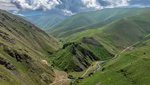 Trails Prints: Aerial view reveals scenery around Istisu in Qarabaqh region of Azerbaijan with mountains