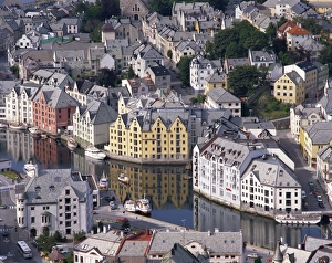Alesund Prints: Aerial view over river running through central Alesund, Norway, Scandinavia, Europe