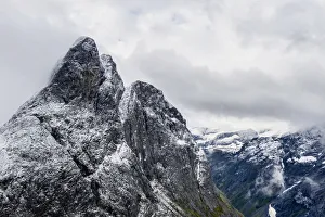 Aerial view of the rocky peak of Romsdalshornet, Venjesdalen valley, Andalsnes, More