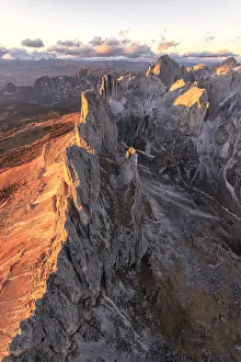 Aerial view of the rocky peaks of Roda Di Vael at sunset, Catinaccio Group (Rosengarten)