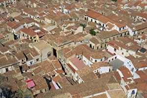 Cefalu Prints: Aerial view of roof tops of the city centre seen from the rock