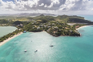Sailboats Prints: Aerial view of sailboats moored a few meters from the coast of Antigua, Leeward Islands