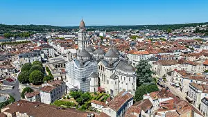 Roofs Prints: Aerial view of Saint Front cathedral in Perigueux surrounded by cityscape under clear sky in France