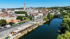 Riverside Prints: Aerial view of Saint Front cathedral with the river and city of Perigueux in France