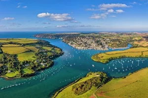 Townscape Prints: Aerial view of Salcombe on the Kingsbridge Estuary, Devon, England, United Kingdom