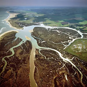 View From Above Prints: Aerial view of salt marsh at Burnham Overy Staithe, Norfolk, England, United Kingdom