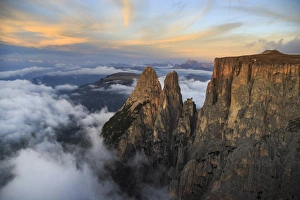 Aerial view of Santner peak at sunset, Sciliar Natural Park, Plateau of Siusi Alp in the Dolomites
