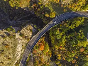 Umbria Prints: Aerial view of Scheggia Pass and Ponte a Botte bridge in autumn