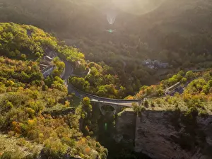 Aerial view of Scheggia Pass and Ponte a Botte bridge in autumn, Scheggia, Apennines, Umbria, Italy, Europe