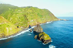 Sea Stack Gallery: Aerial view of sea stack rocks of Ilheus da Rib and Ribeira da Janela and coastline