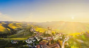 Cityscapes Prints: Aerial view of Serralunga d Alba at sunset, Barolo wine region, Langhe, Piedmont