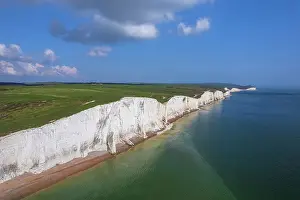 Seven Sisters Prints: Aerial view of the Seven Sisters chalk white cliffs on a sunny day