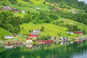 Olden Prints: Aerial view of shoreline near Olden village and mountains in Nordfjorden during summer