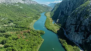 Lush Prints: Aerial view showing the Cetina river winding through the gorge in Croatia with lush greenery