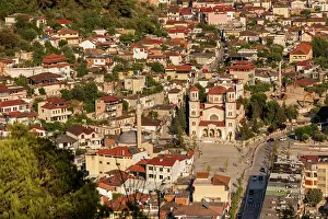 Albania Prints: Aerial view showing the Orthodox Church of Saint Demetrius and red-tiled roofs in Berat