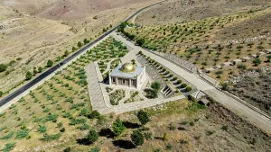 Landscaping Prints: Aerial view shows mosque located below a castle in Nakhchivan