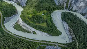 Season Prints: Aerial view shows the winding paths of the Rhein gorge in Switzerland surrounded by trees and land