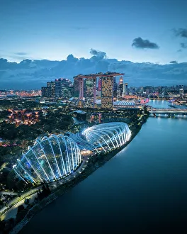 Aerial view of Singapore City Harbour at night, Singapore, Southeast Asia, Asia