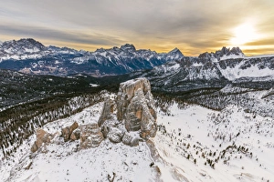 Mountain Ridge Prints: Aerial view of the snowy ridges of the Cinque Torri at dawn, Dolomites, Cortina d Ampezzo