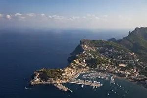 Soller Prints: Aerial view of Soller harbour and northern coastline of Majorca in early morning in summer