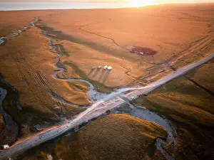 Kyrgyzstan Prints: An aerial view of the Song Kol lake area at sunrise, Kyrgyzstan