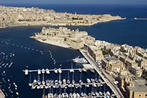 Maltese Prints: Aerial view of St. Angelo Fort in Vittoriosa (Birgu) in front of Valletta