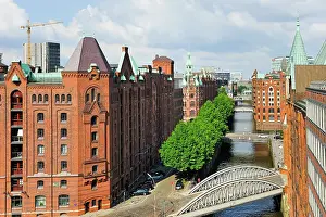 Watercraft Prints: Aerial view over St. Annenfleet et Hollandischbrookfleet canal in the Speicherstadt (City of Warehouses)