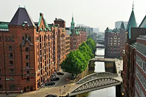 Urban Development Prints: Aerial view over St. Annenfleet et Hollandischbrookfleet canal in the Speicherstadt (City of Warehouses)